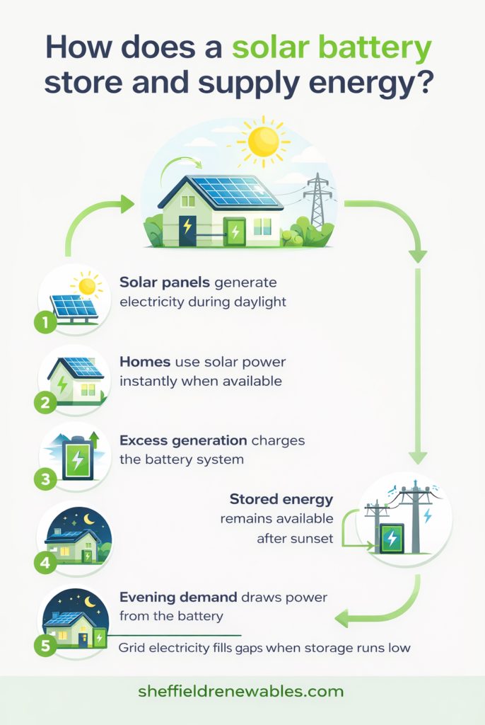 how does a solar battery store and supply energy