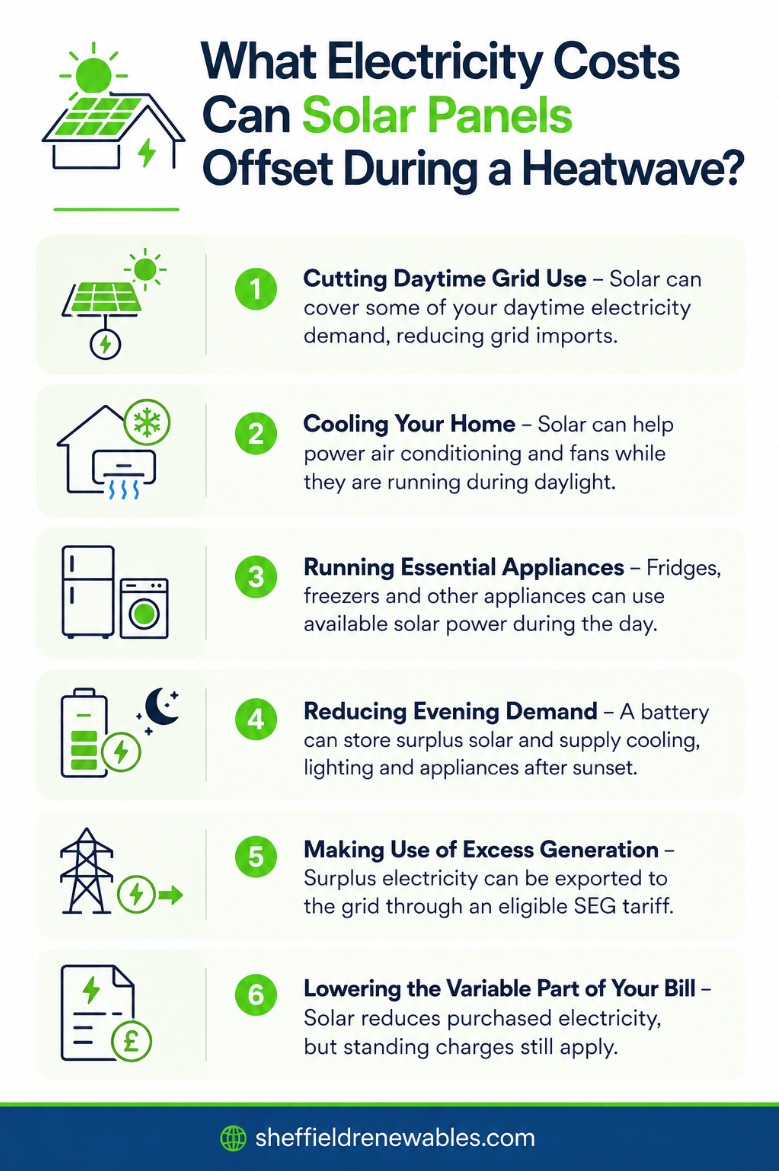 What electricity costs can solar panels offset during a heatwave